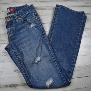 Y2K vintage AEROPOSTALE blue denim low rise Chelsea Skinny bootcut Junior's 1/2